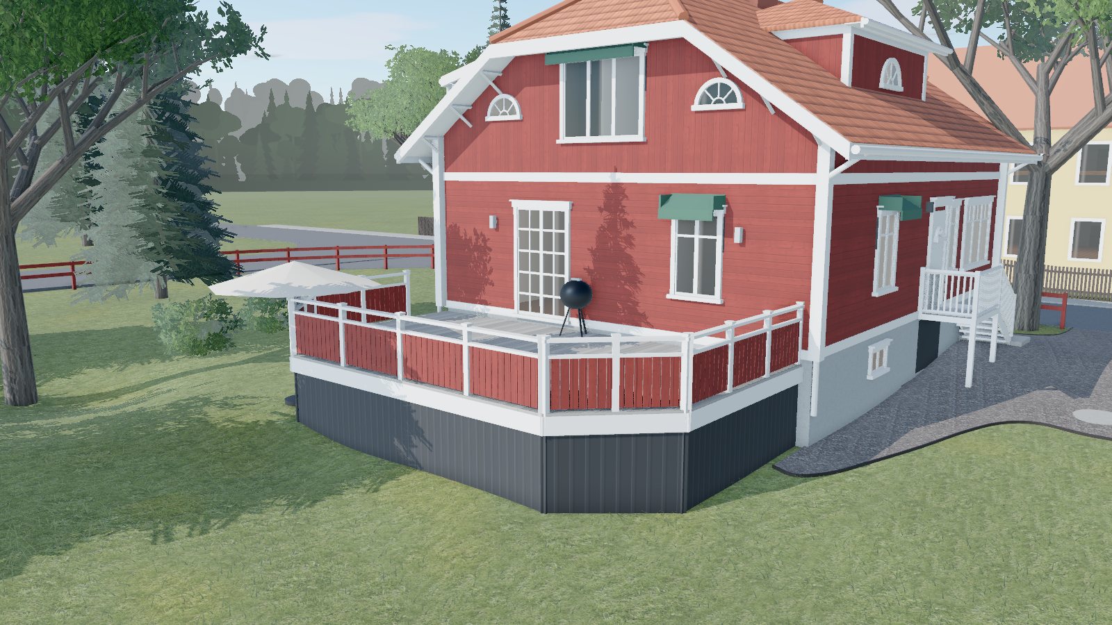 Huset i dag: altan med rött och vitt räcke