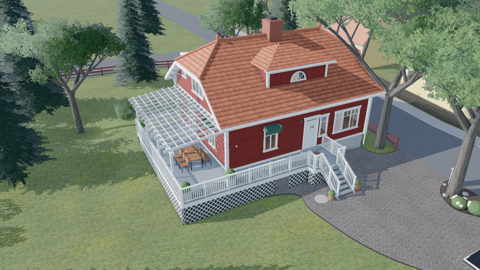 Huset en julidag med gröna träd